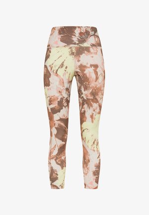 High-waist leggings with an abstract floral pattern in brown, beige, light yellow, and soft pink tones.