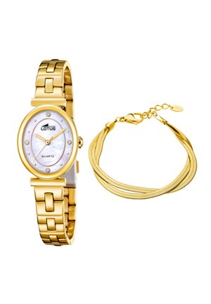 Gold-tone Lotus quartz wristwatch with white oval face and diamond markers, paired with a multi-strand gold chain bracelet with lobster clasp.