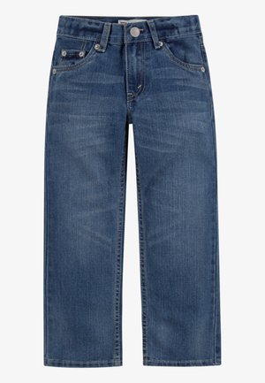 Mėlyni tiesaus kirpimo džinsai iš džinso audinio, su užtrauktuku, priekyje esančiais užsegimais mygtuku, kilpomis diržui ir penkių kišenių dizainu.