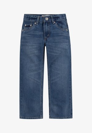 Jeans di denim blu a gamba dritta con bottoni frontali, chiusura con cerniera, passanti per cintura e cinque tasche.