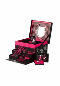 Black and pink themed advent calendar box with three open drawers and numbered small boxes, featuring wildcat and holiday illustrations.