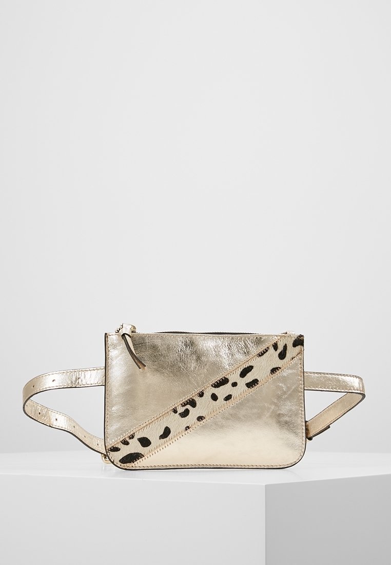Borsa in oro metallico con una forma rettangolare elegante, caratterizzata da una striscia di accentuazione con stampa leopardata e una tracolla rimovibile. Texture liscia.