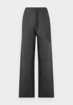 Pantalons à jambes larges en tissu gris foncé avec taille à cordon et petit motif à pois, offrant un aspect texturé.