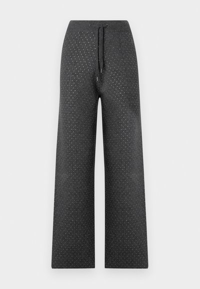 Vida byxor i mörkgrått tyg med dragsko i midjan och ett litet prickigt mönster över hela, vilket ger en strukturerad look.