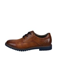 Braunes Leder-Schuh mit glatter Oberfläche, runder Spitze, blauen Schnürsenkeln und einem strukturierten Seitenpaneel. Verfügt über eine schwarze Gummisohle mit geriffeltem Muster.
