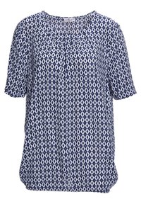 Marineblauwe en witte blouse met korte mouwen en een diamantpatroon, met een ronde halslijn en geplooide details aan de voorkant.