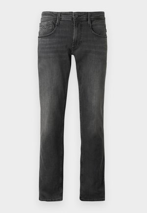 Jeans din denim gri închis, cu un design drept, stil cu cinci buzunare și detalii de estompare subtile. Închidere cu buton în față și chingi pentru curea.