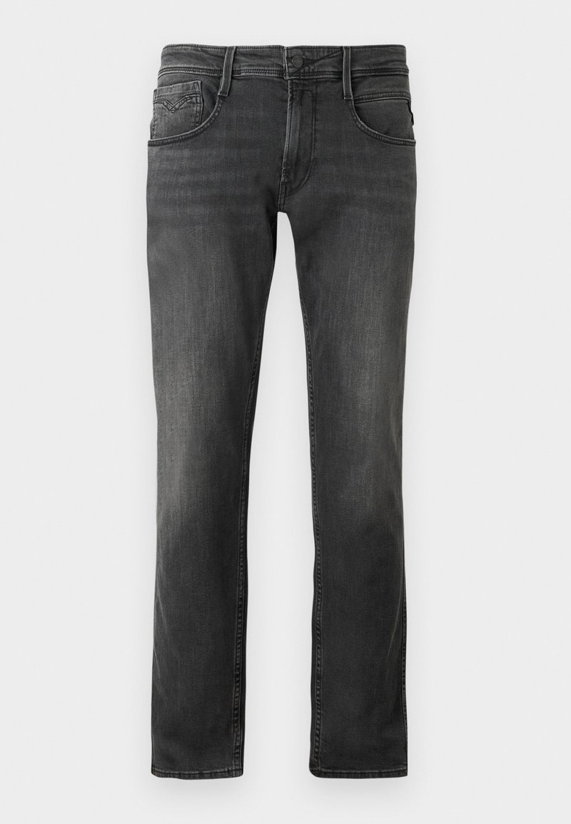 Donkergrijze spijkerbroek met een rechte pijpdesign, vijf zakken en subtiele vervaging. Voorkant met knoopsluiting en riemlussen.