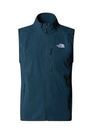 Modrý bezrukávový vest made of měkkého, lehkého materiálu. Obsahuje vysoký límec, přední zip a logo na hrudi s bočními kapsami na zip.
