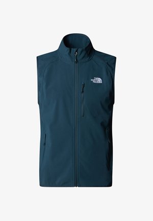 Niebieska bezrękawnik wykonany z miękkiego, lekkiego materiału. Posiada wysoki kołnierz, zamek z przodu oraz logo na klatce piersiowej, a także kieszenie boczne na zamek.