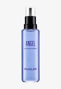 Bottiglia di profumo in vetro blu con un erogatore nero. Presenta un testo audace: "ANGEL STELLAR Eau de Parfum Lumineuse" e il logo "MUGLER".