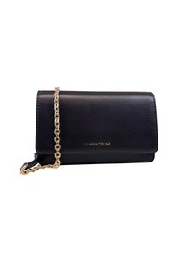 Borsa a tracolla in pelle nera con catena dorata, forma rettangolare, chiusura con pattina anteriore e logo "MARIACELINE" in oro.