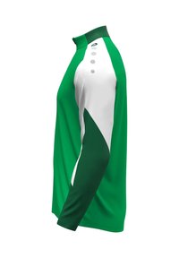 Polo sportivo a maniche lunghe verde e bianco con colletto alto, patta con cinque bottoni e elementi di design a contrasto. Texture del tessuto liscia.