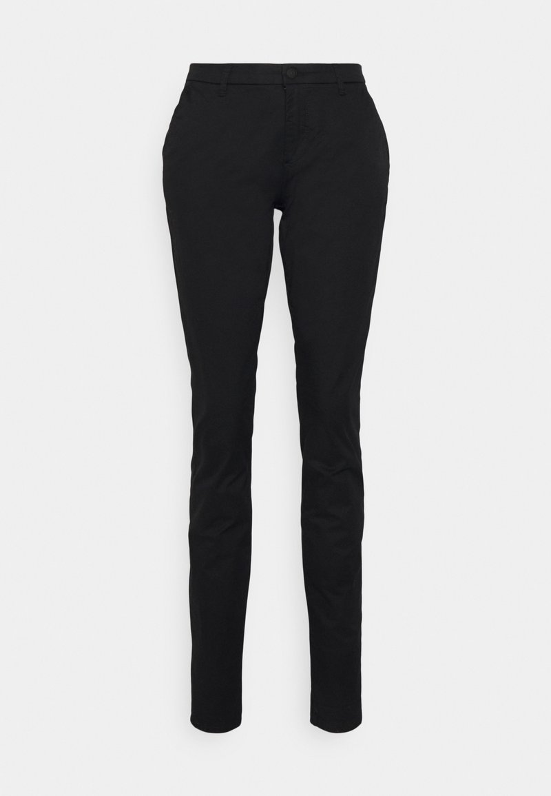 Pantalon noir slim-fit avec fermeture devant par bouton et zip, passants de ceinture et poches latérales, présenté sur un fond blanc uni.