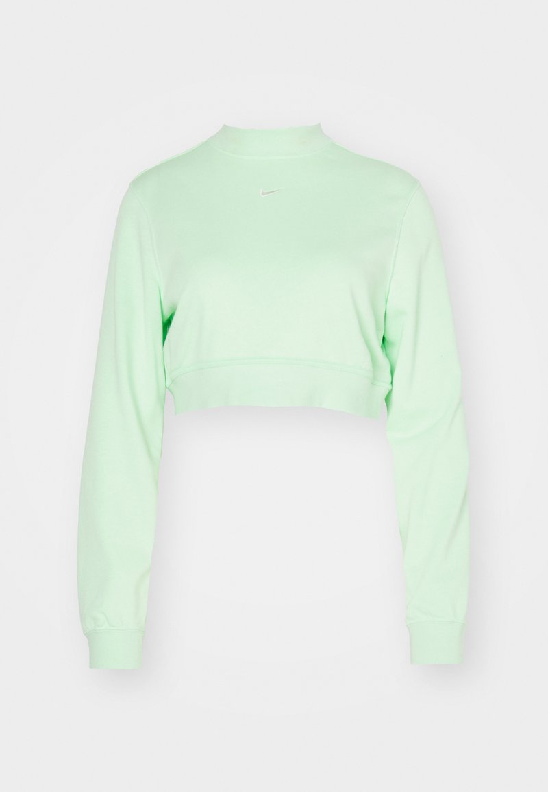 Sudadera recortada de color verde menta, hecha de una tela suave, que cuenta con mangas largas, un cuello alto, y un pequeño logo blanco en la parte frontal.