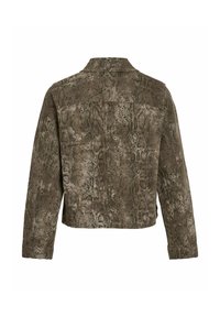 Veste courte en texture marron et gris avec un motif reptilien, dotée d'un col et de manches longues.