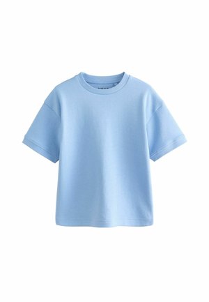 Lysblå kortærmet T-shirt lavet af bomuld. Har en ribbet rund halsudskæring og en afslappet pasform med en glat tekstur. Ingen mønstre eller detaljer.