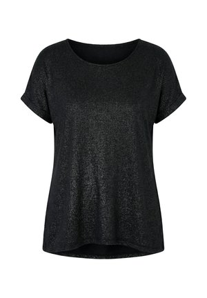 Schwarze schimmernde Bluse mit kurzen Ärmeln, aufgekrempelten Manschetten und rundem Ausschnitt, hinten etwas länger.