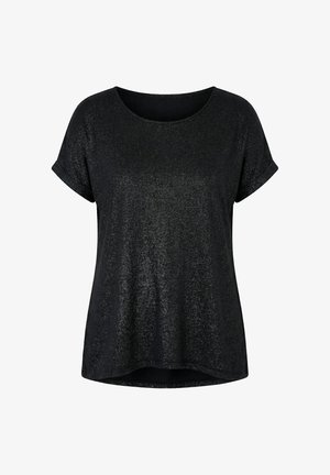 Schwarze schimmernde Bluse mit kurzen Ärmeln, aufgekrempelten Manschetten und rundem Ausschnitt, hinten etwas länger.