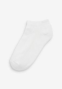 Chaussette blanche jusqu'à la cheville avec une texture lisse, un bout arrondi et une bordure élastique. Design simple, sans motifs ni accessoires.