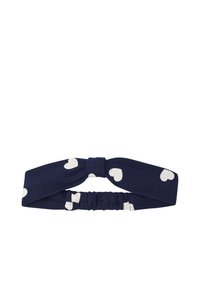 Navyfarbener Stoffhaarband mit weißen Herzmustern, mit einer geknoteten Vorderseite und einem elastischen Rücken für eine verstellbare Passform.