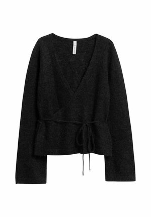 Black fuzzy wrap sweater with long sleeves and waist tie belt on white background.