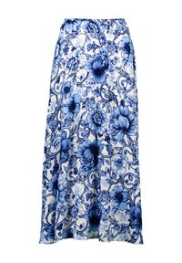 Jupe à motif floral bleu avec une taille élastique, fabriquée en tissu léger, présentant un design ample et fluide ainsi que des détails de fleurs intricats.