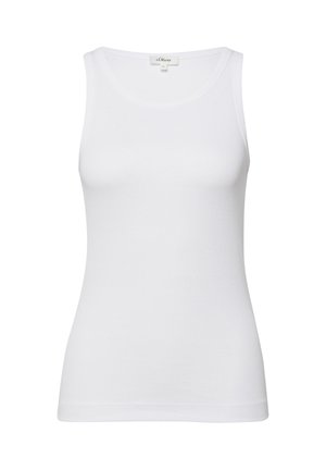 Biały, prążkowany, bezrękawnik z dekoltem typu scoop i metką s.Oliver z tyłu przy wkładce kołnierza.