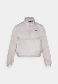 Lightweight, cropped pullover jacket in pale gray, featuring a high collar, half-zip front, and elasticized cuffs for a secure fit.