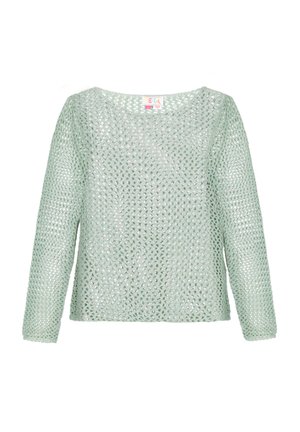 Maglione a maniche lunghe di colore verde menta, realizzato in tessuto a maglia aperta, dalla vestibilità ampia e scollatura larga, con una semplice trama a rete.
