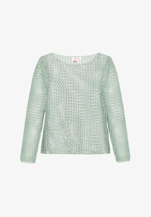 Mint green, long-sleeved sweater made of open knit fabric with a loose fit and wide neckline, featuring a simple mesh texture.