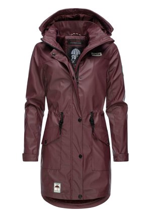 Burgundy waterproof jacket with a hood, drawstring waist, front pockets, and button closure. Features a logo patch at the hem.