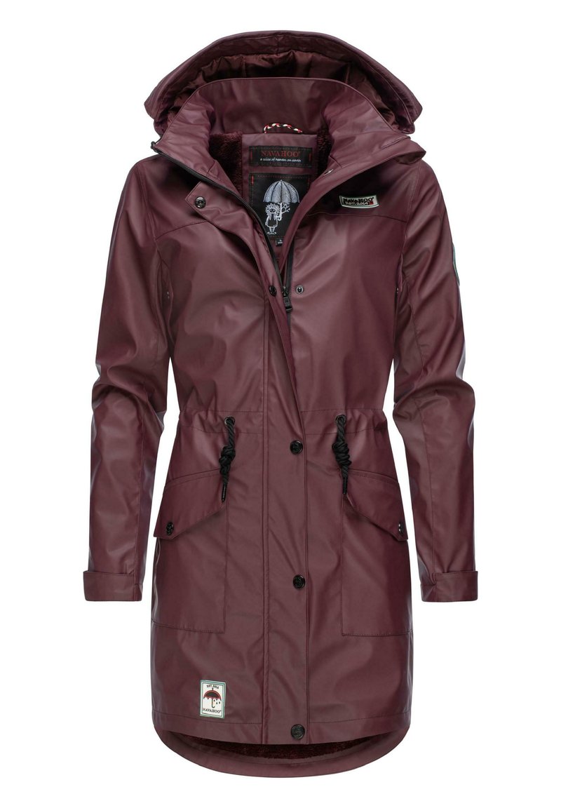Burgundy waterproof jacket with a hood, drawstring waist, front pockets, and button closure. Features a logo patch at the hem.