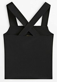 Schwarzes ärmelloses Oberteil mit X-förmigen Trägern auf der Rückseite, aus einem glatten Material gefertigt, mit einem einfachen, figurbetonten Design ohne Verzierungen.