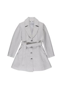 Cappotto grigio chiaro con cintura, realizzato in tessuto texture, colletto a punte, bottoni frontali e tasche laterali; vestibilità su misura con maniche lunghe.