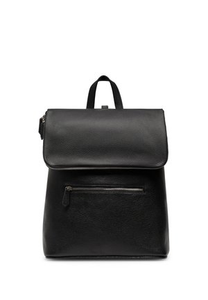 Black leather backpack with front zip pocket, flap closure, and a top carry handle against white background.