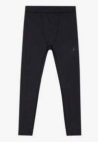 Fekete sportleggings sima, elasztikus anyagból. Jellemzője az elasztikus derékpánt és egy kis logó a bal alsó lábon.