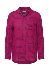 Camicia fucsia a maniche lunghe con bottoni e tasca, caratterizzata da un motivo geometrico con linee nere e una vestibilità rilassata. Tessuto morbido e leggero.