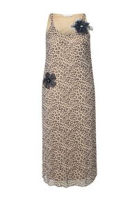 Robe imprimée léopard en tissu transparent avec une silhouette droite. Présente des accents floraux noirs sur le côté avant gauche et le bas droit.