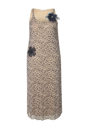 Leopard-print dress in sheer fabric with a straight silhouette. Features black floral accents on the front left and lower right sides.