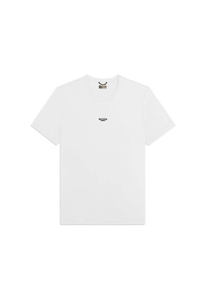 Weißes T-Shirt mit kurzen Ärmeln und Rundhalsausschnitt mit kleinem schwarzem "WKT 076" Logo in der Mitte auf der Brust.