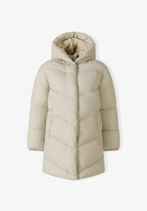 Beige pufferjakke med hætte og chevron-quiltet design. Har sidelommer og en blød inderside. Lange ærmer med ribbede manchetter.