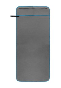 Gray fabric product with blue trim, rectangular shape, a top pocket for storage, and smooth texture. Suitable for various uses.