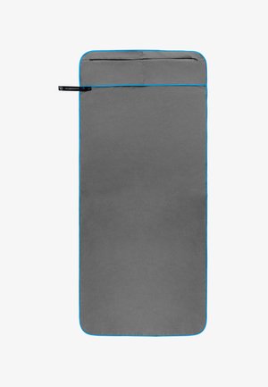 Gray fabric product with blue trim, rectangular shape, a top pocket for storage, and smooth texture. Suitable for various uses.