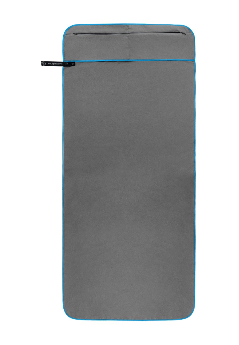 Gray fabric product with blue trim, rectangular shape, a top pocket for storage, and smooth texture. Suitable for various uses.