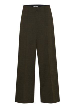 Pantaloni a gamba larga verde scuro realizzati in un tessuto a spina di pesce testurizzato. Presentano una vita liscia senza chiusure o tasche visibili.