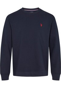 Mörkblå sweatshirt i bomull med rund hals, långa ärmar och en liten röd logotyp på bröstet. Slät textur och ribbade ärmslut.