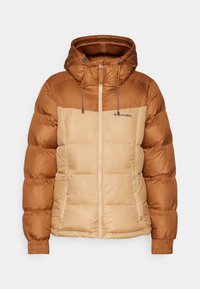 Doudoune avec une partie supérieure marron et un bas beige, dotée d'une capuche, d'une fermeture éclair à l'avant et de poignets élastiques. Le matériau semble lisse avec des détails de couture.