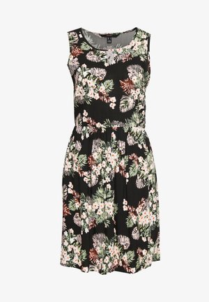 Robe sans manches à motif floral noir, ornée de feuilles vertes et de fleurs blanches. Conçue en tissu léger avec une taille froncée et une texture douce.