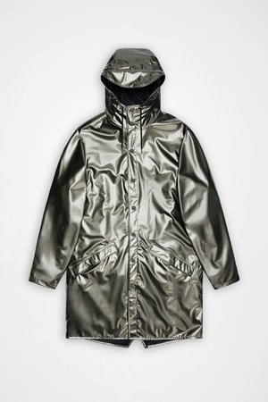Αδιάβροχο, γυαλιστερό μεταλλικό πράσινο αδιάβροχο με κουκούλα, κλείσιμο με φερμουάρ και κουμπιά, δύο μπροστινές τσέπες και άνετη εφαρμογή. Ομαλή υφή.